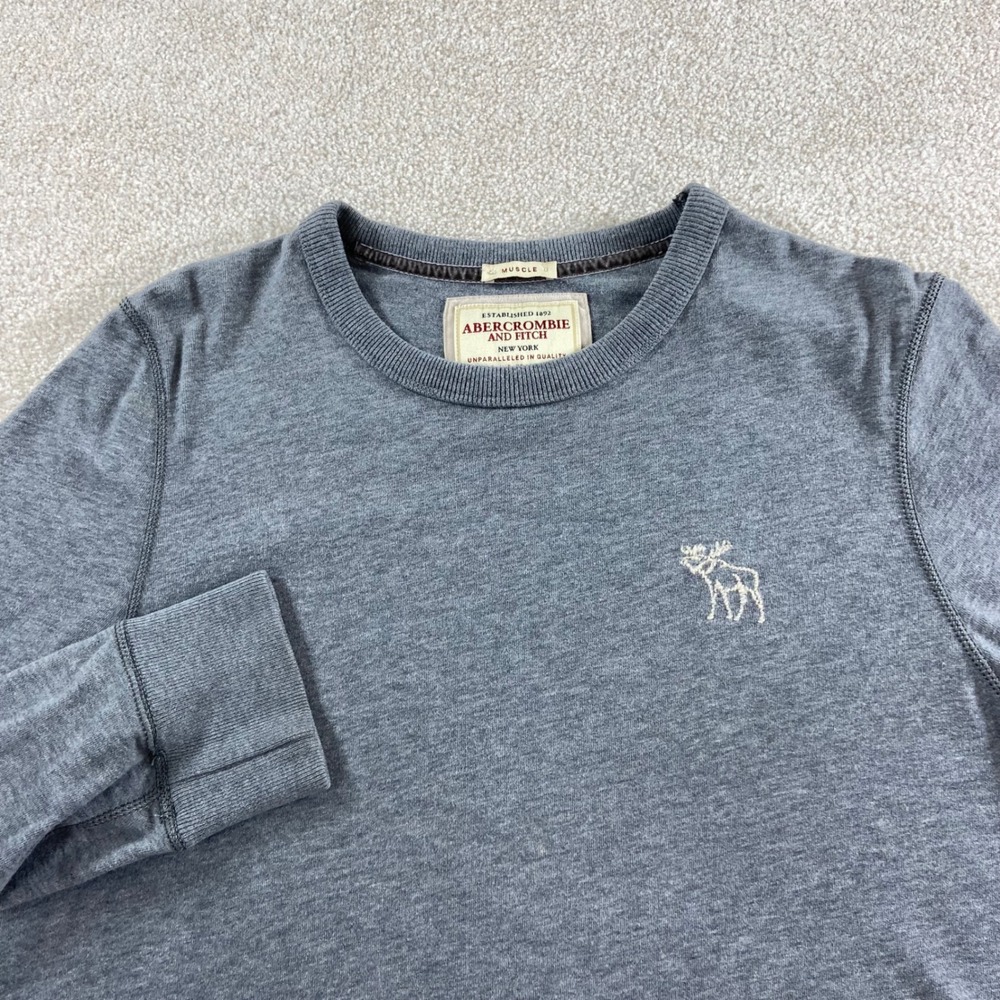 Y2K Abercrombie & Fitch Shirt Mens M Gray Muscle Fit Long Sleeve Moose Logo Tee